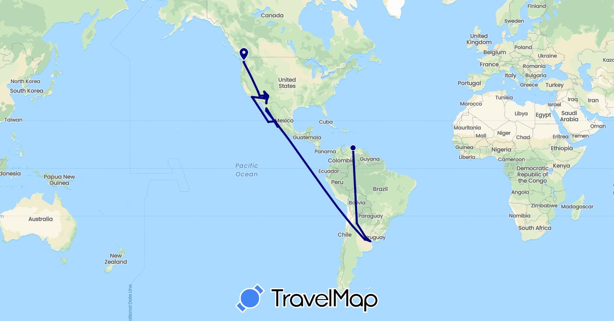TravelMap itinerary: driving in Argentina, Mexico, United States, Venezuela (North America, South America)